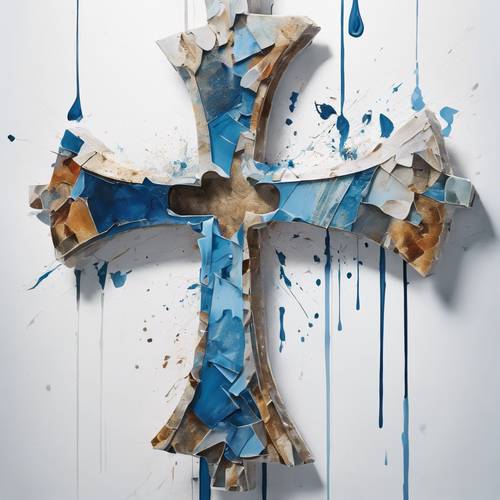 Uma pintura abstrata de uma cruz cristã fragmentada em várias peças, cada uma pintada em diferentes tons de azul e flutuando sobre um fundo totalmente branco.
