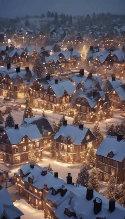 An aerial view of a snowy town, with households glowing warmly from their lit-up Christmas decorations.