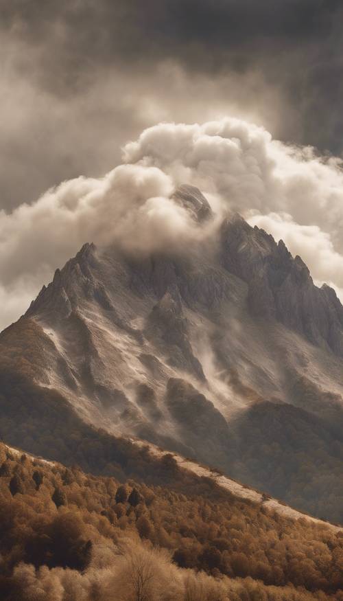 Grandes e densas nuvens bege obscurecendo o pico de uma montanha.