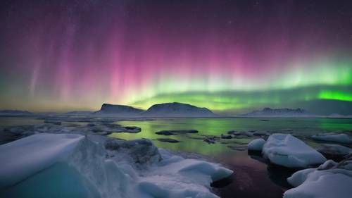 A panoramic view of the Northern Lights wrapping the Arctic ocean with its magical glow