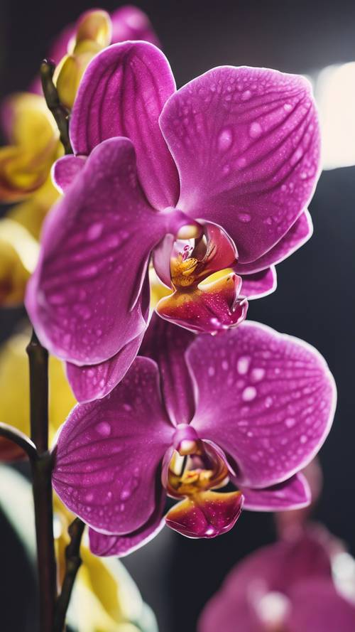 Orchidea z żywymi różowymi płatkami i jasnożółtym sercem.