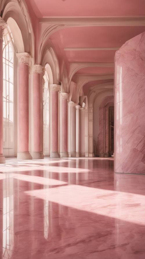 La fotografía muestra un suelo pavimentado con mármol rosa pulido en un museo de arte iluminado por el sol.