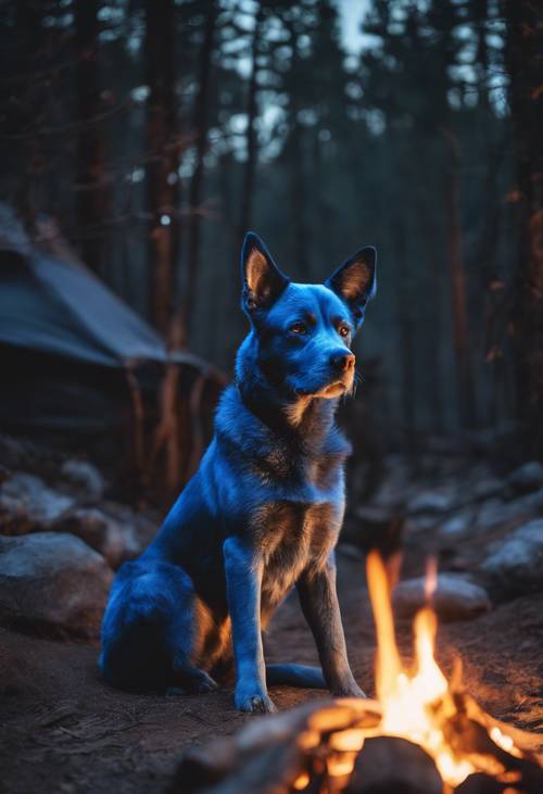 Seekor anjing biru duduk di dekat api unggun hangat di bawah langit malam berbintang di hutan belantara.