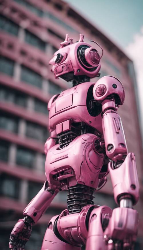 Розовый металлический робот в футуристическом городском пейзаже.