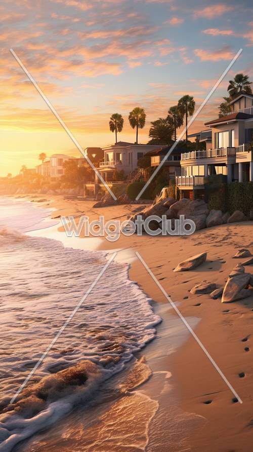 Belle case sulla spiaggia all&#39;alba sullo sfondo