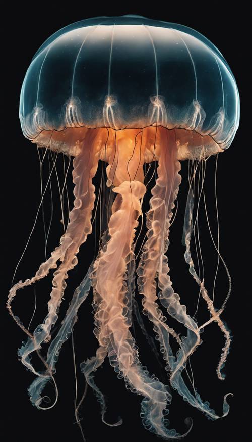 A giant, ethereal jellyfish glowing against a pitch black backdrop