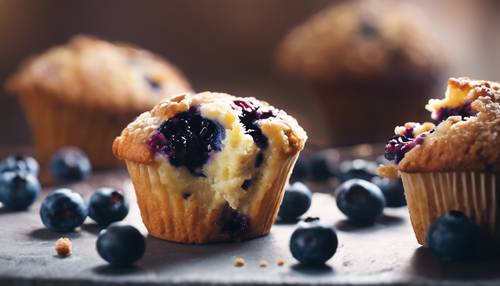 Um muffin de mirtilo se desfazendo, com a riqueza suculenta das frutas em total contraste.