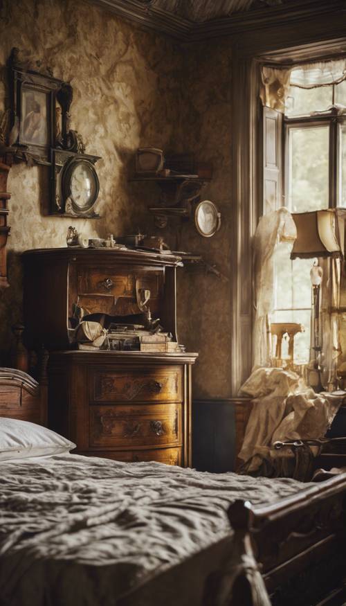 Una camera da letto logora piena di mobili antichi di epoca vittoriana.