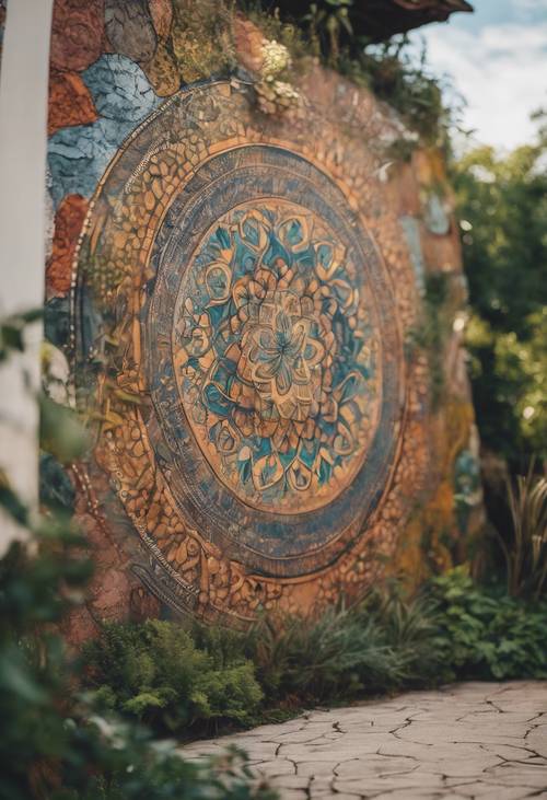 A boho mural on a garden wall in an urban park, with symbols of nature and spiritual growth