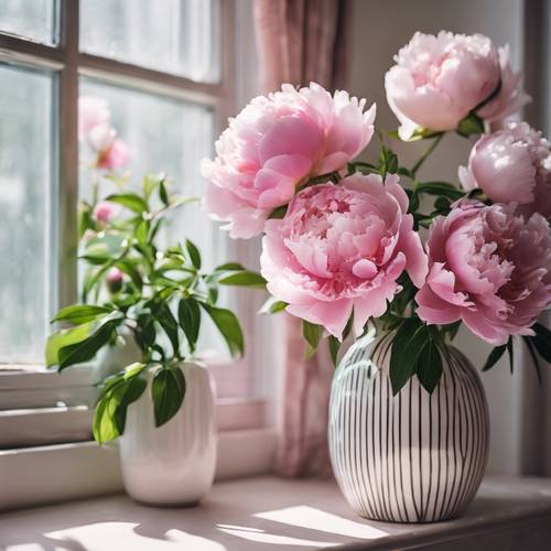 Peonie rigogliose in un vaso a strisce bianche e rosa vicino alla finestra.