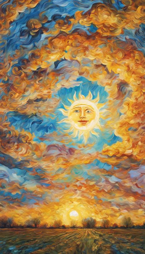 Sebuah lukisan artistik matahari yang ceria dan tersenyum di tengahnya dengan awan ceria mengelilinginya dengan latar langit matahari terbenam yang megah, dalam gaya hidup Vincent Van Gogh.