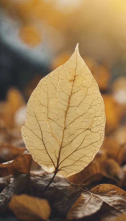 자세한 혈관이 있는 파스텔 노란색 가을 잎의 클로즈업입니다.