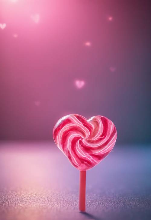 Lollipop w kształcie serca w żywych kolorach, świecący miękkim, pastelowym światłem.