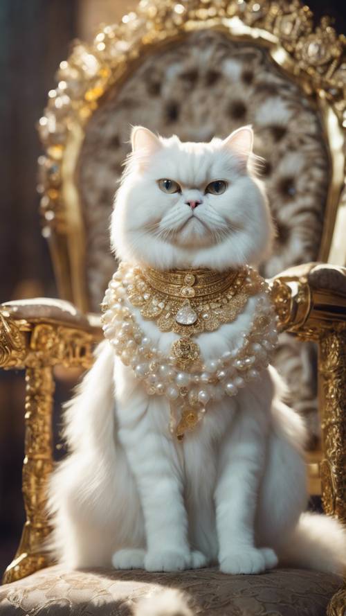 صورة لقطة فارسية بيضاء أرستقراطية، تجلس بشكل مهيب على عرش ملكي مزين بالجواهر الثمينة.