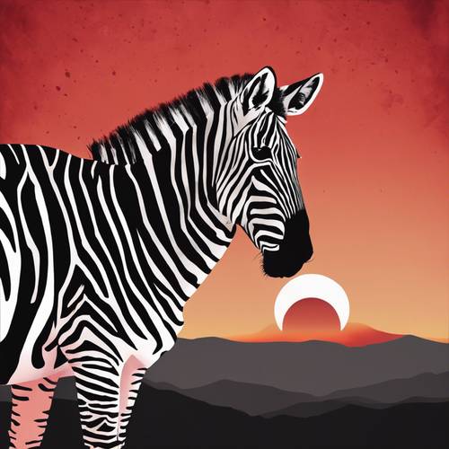 Bidikan siluet zebra yang artistik dan kontras tinggi dengan latar belakang matahari terbenam yang berwarna merah menyala.