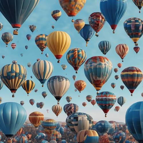 Uma série de balões de ar quente no céu, cada um adornado com padrões geométricos únicos em vários tons de azul.