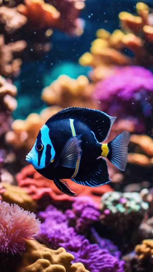 Czarna tropikalna ryba pływająca delikatnie wśród tętniącej życiem, kolorowej rafy koralowej.