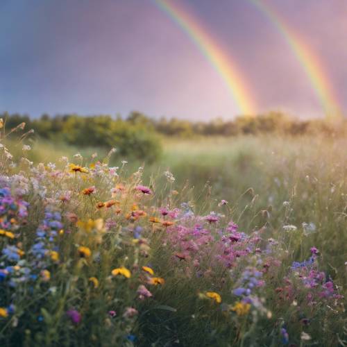 A pastel-colored rainbow arcing over a field of wildflowers soaked in early morning dew.