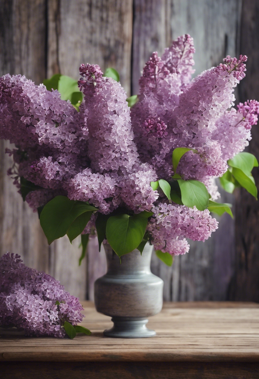 A still life of a vase filled with lilac flowers on a antique wooden table. Wallpaper[52627991891f41029e86]
