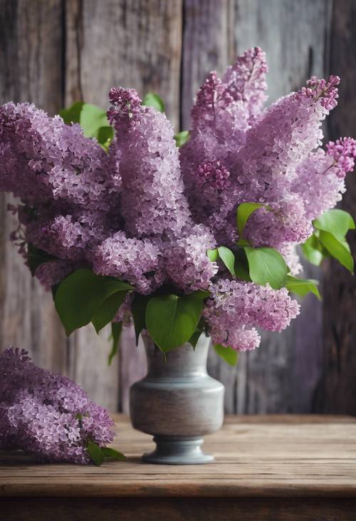 A still life of a vase filled with lilac flowers on a antique wooden table.