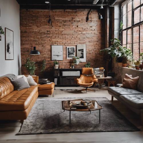 A trendy urban loft apartment with exposed brick walls, and stylish mid-century modern furniture.