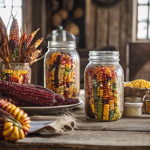 Compostable dinnerware and mason jar glasses on a farmhouse table, adorned with multi-colored Indian corn for a sustainable Thanksgiving feast.