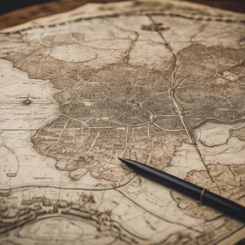 An antique map of a forgotten city with intricate details and handwritten notes