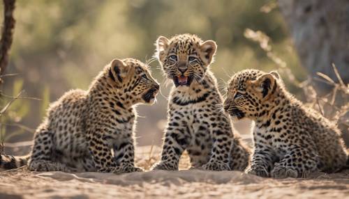 A group of leopard cubs play-fighting near their den.