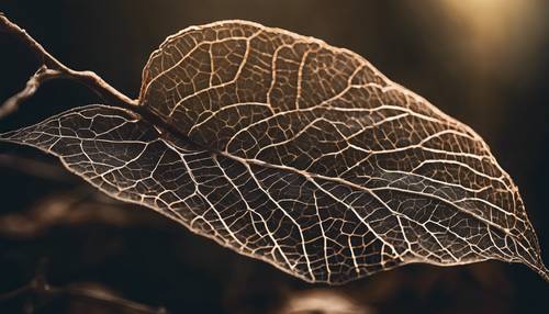 어두운 배경에 복잡한 정맥의 세세한 부분이 그대로 남아 있는 골격 잎입니다.