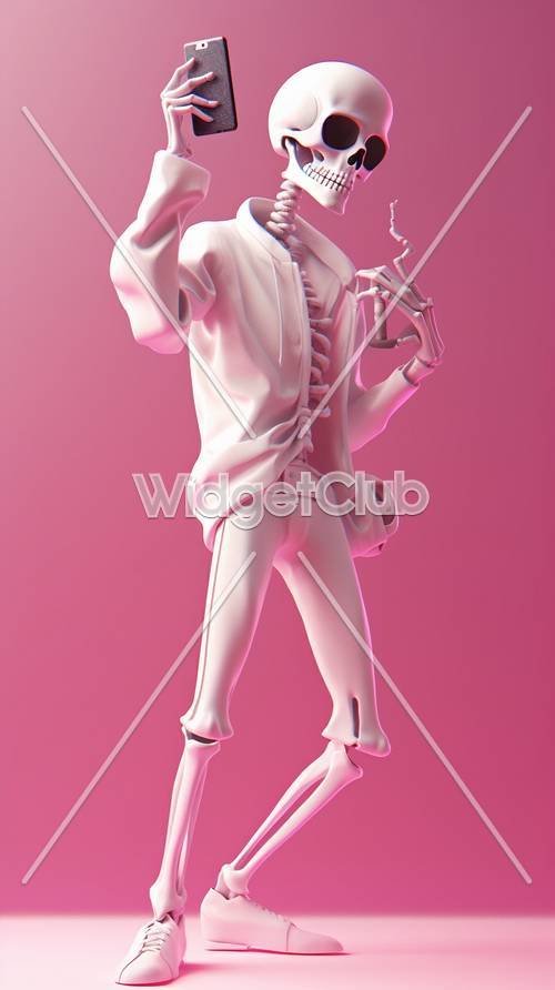 Розовый скелет-танцовщица на пурпурном фоне