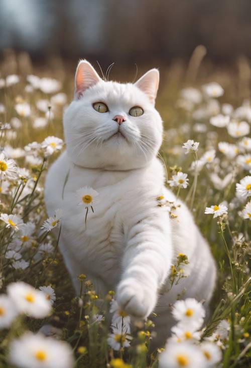 Eine fröhliche weiße Britisch Kurzhaarkatze, die sich in einem Feld mit frischen Frühlingsblumen wälzt.