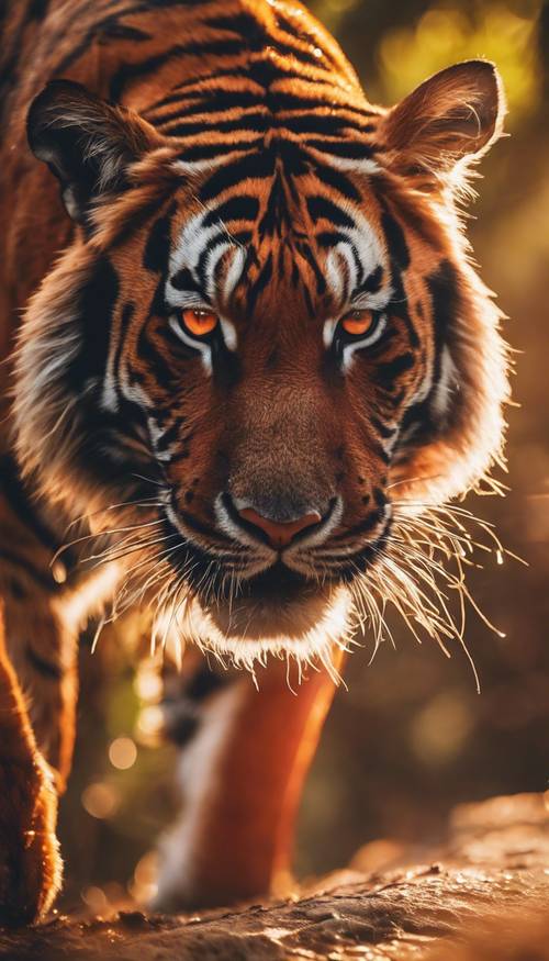 Ein feuerroter Tiger streift bei Sonnenuntergang durch den dichten Dschungel.