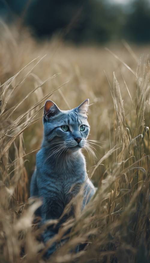 Elegancki lazurowy kot przechadzający się po polu wysokiej trawy.