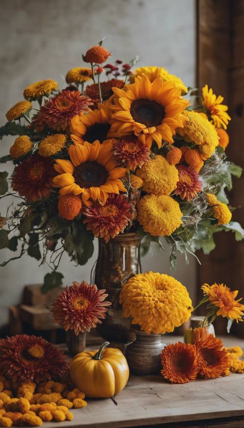 A colorful fall floral arrangement featuring sunflowers, marigolds, and chrysanthemums