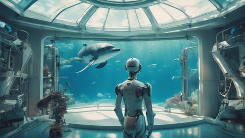 A humanoid robot observing a playful dolphin from the safety of an underwater observatory in a futuristic marine research facility.