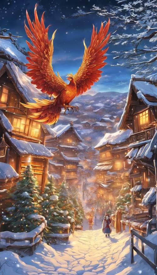 Anime-style picture of a mythical phoenix soaring over a snowy village on Christmas night.