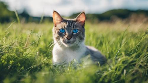 밝은 녹색 잔디밭에 쉬고 있는 날카로운 파란 눈을 가진 고양이.