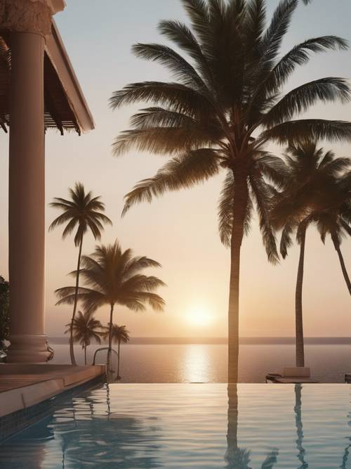 A tranquil villa balcony overlooking an infinity pool with slowly swaying palm trees around, facing the endless, serene ocean at sunset.