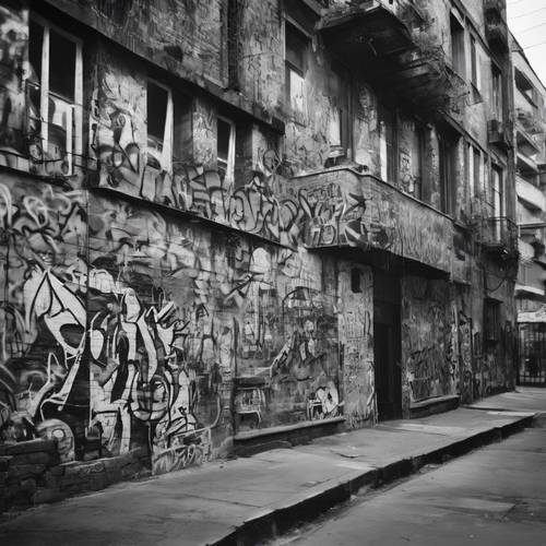 Uma imagem em preto e branco de um bairro urbano coberto de grafites, repleto de cultura e história.