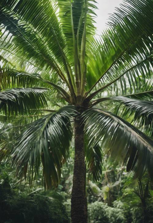 Eine junge Palme, umgeben von ausgewachsenen Palmen in einem üppigen tropischen Regenwald.
