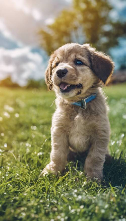 푸른 구름이 가득한 하늘이 머리 위에 있고, 세인트 오거스틴 잔디밭에서 뛰놀고 있는 강아지.