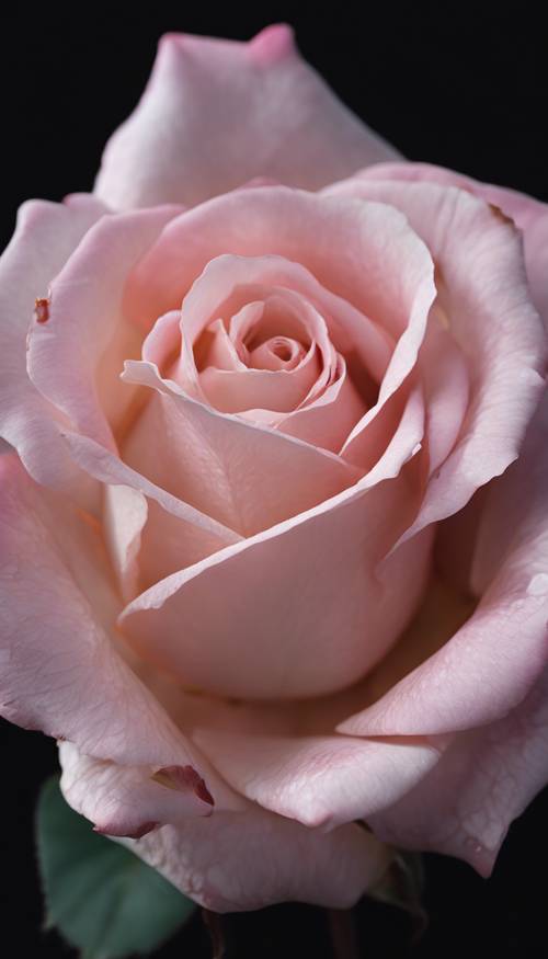 وردة واحدة وردية فاتحة اللون، في الظل جزئيًا، على خلفية مخملية داكنة.