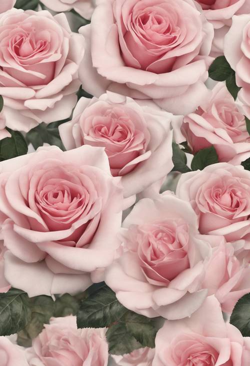 Um padrão delicado e perfeito de rosas cor de rosa em plena floração contra um fundo esbranquiçado.