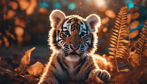 Портрет неонового тигренка, игриво лапающего яркие светящиеся листья.
