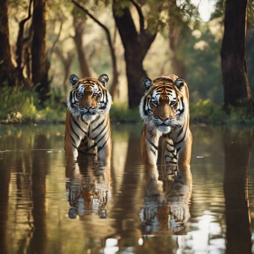 Um par de tigres refletidos na água parada lado a lado, à sombra de árvores altas