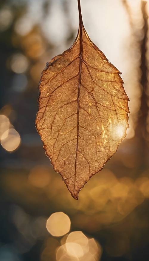 A softly glowing leaf, made of glass, shimmering in the warm light of a setting sun.