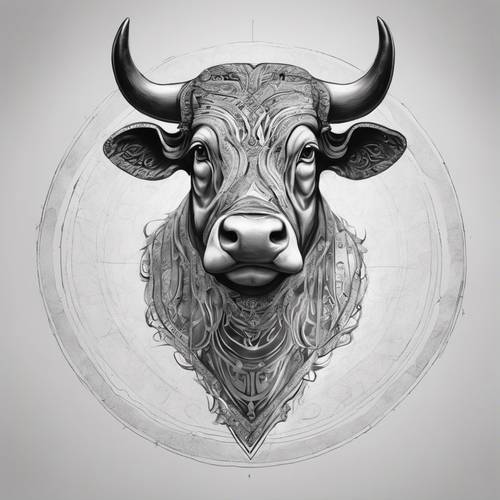 A black and white line drawing of a Taurus bull, brushed with an Asian calligraphy style.