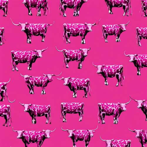 Fileiras contínuas de estampas geométricas de vacas em rosa choque, todas idênticas, com precisão mecânica.