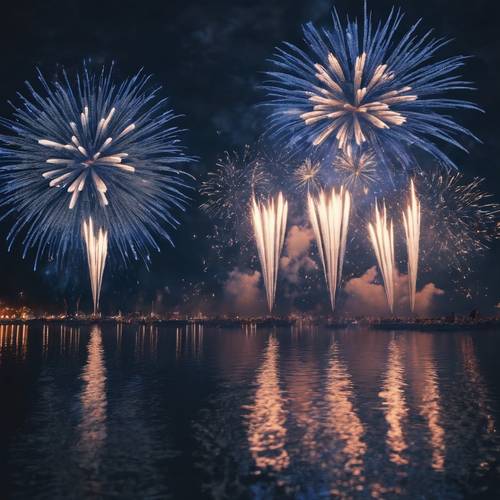 Dunkelblaues Feuerwerk erhellt den Himmel während eines Nachtfestivals