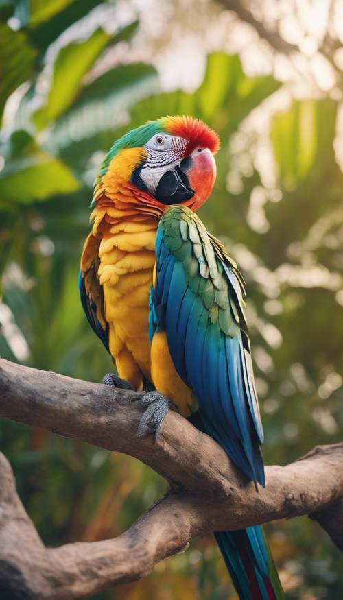 Close-up of a vividly colorful tropical parrot reading a book while perched on a tree branch.
